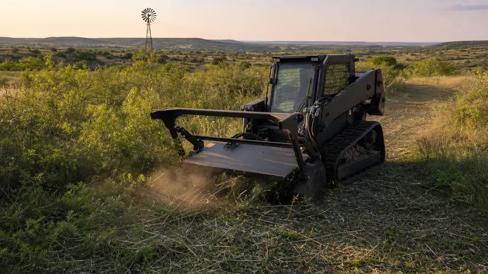 Compact track loader with a rotary brush cutter mowing overgrown pasture in North Texas