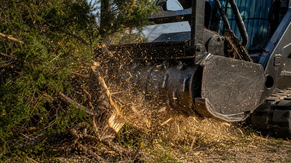 Forestry mulcher head grinding a cedar tree into mulch on a North Texas property
