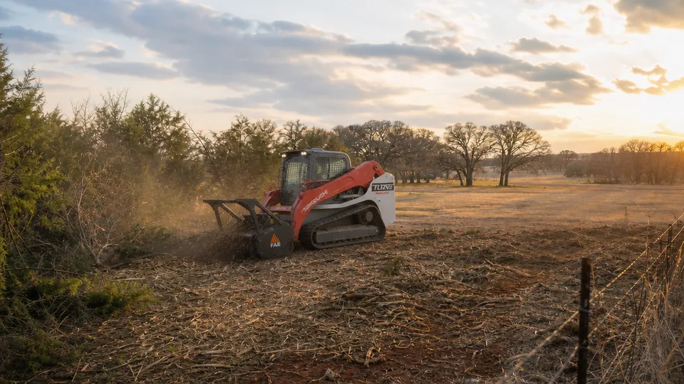 Forestry mulcher clearing cedar and mesquite on a North Texas pasture at sunset