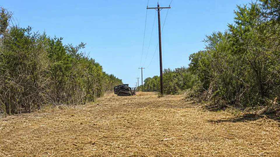 Utility right-of-way corridor freshly cleared through cedar brush with power poles down the center