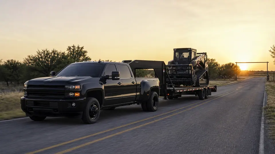 Pickup and trailer hauling a forestry mulcher down a Parker County farm road at sunrise